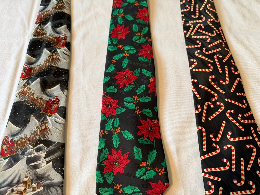 Christmas Holiday Ties Set of 3 Santa Candy Canes Poinsetta